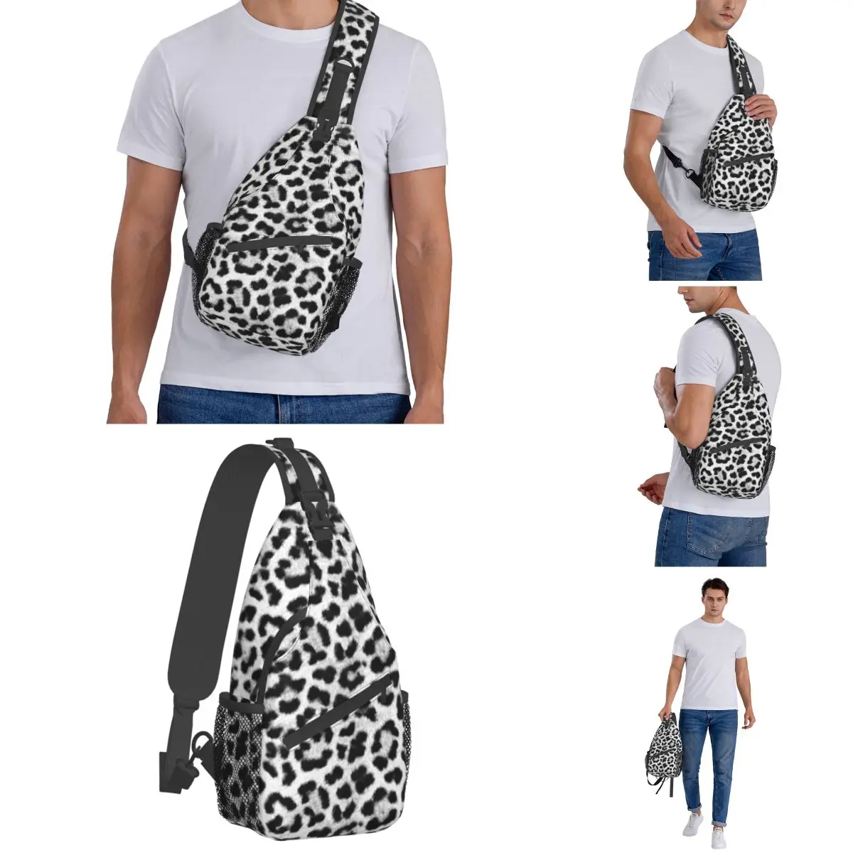 Black And White Leopard Small Sling Bags Chest Crossbody Shoulder Sling Backpack Travel Hiking Daypacks Camo Printed Pack