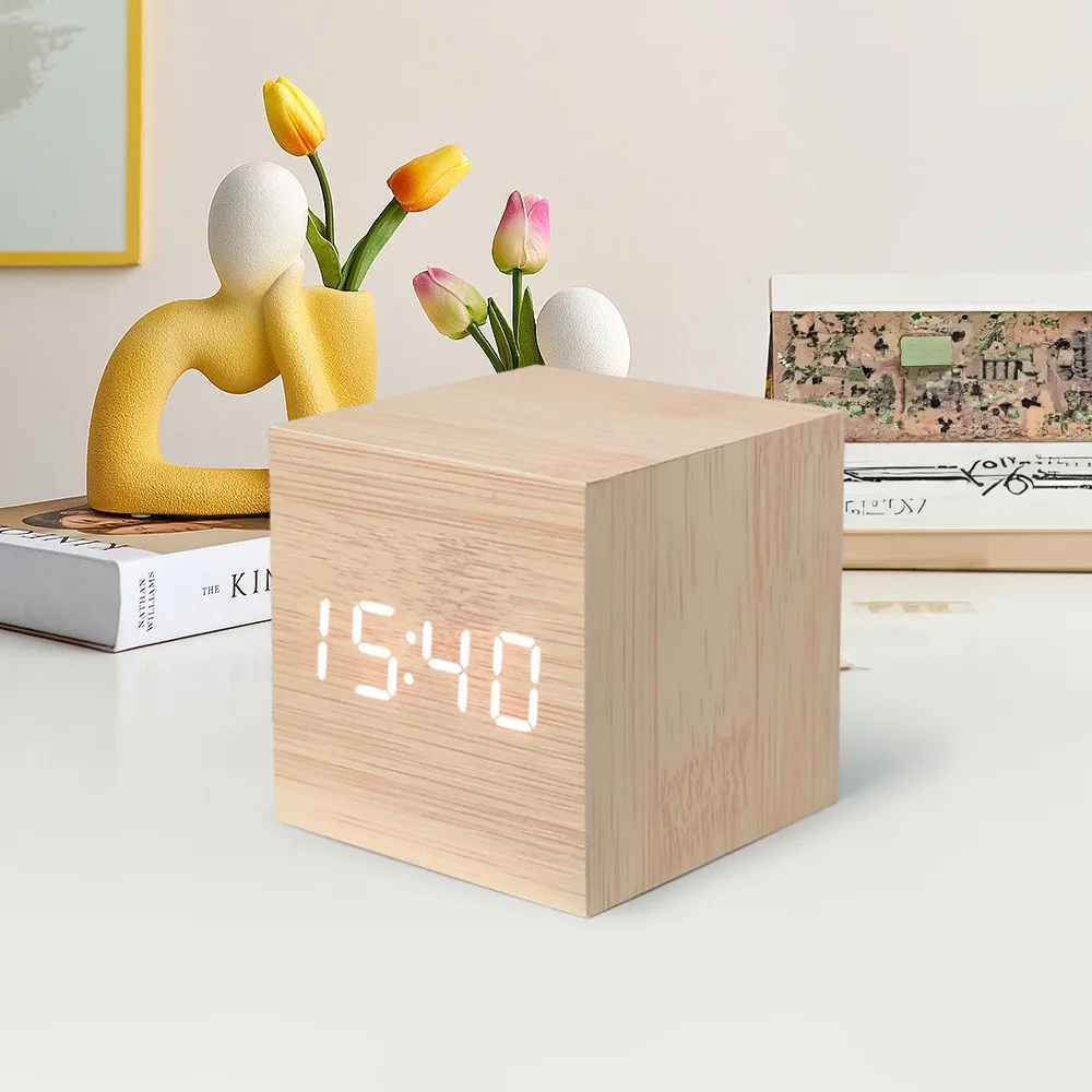 Digital Wooden Clock LED Electronic Mini Alarm Clock Square Creative Sound Control  For Bedroom Desk Modern Decor