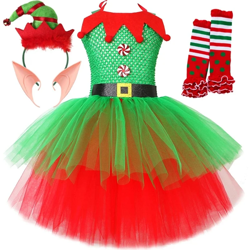 Red Green Christmas Elf Costumes for Girls Xmas Elves Cosplay Dresses Outfits for Kids New Year Festival Clothes with Hat Socks1