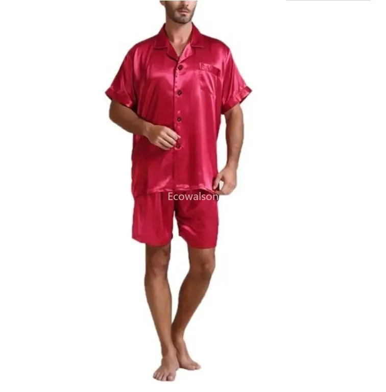 Pijama masculino de manga curta, pijama de seda cetim, terno de casa, conjuntos de pijamas lounge, cor sólida, tamanho grande, verão