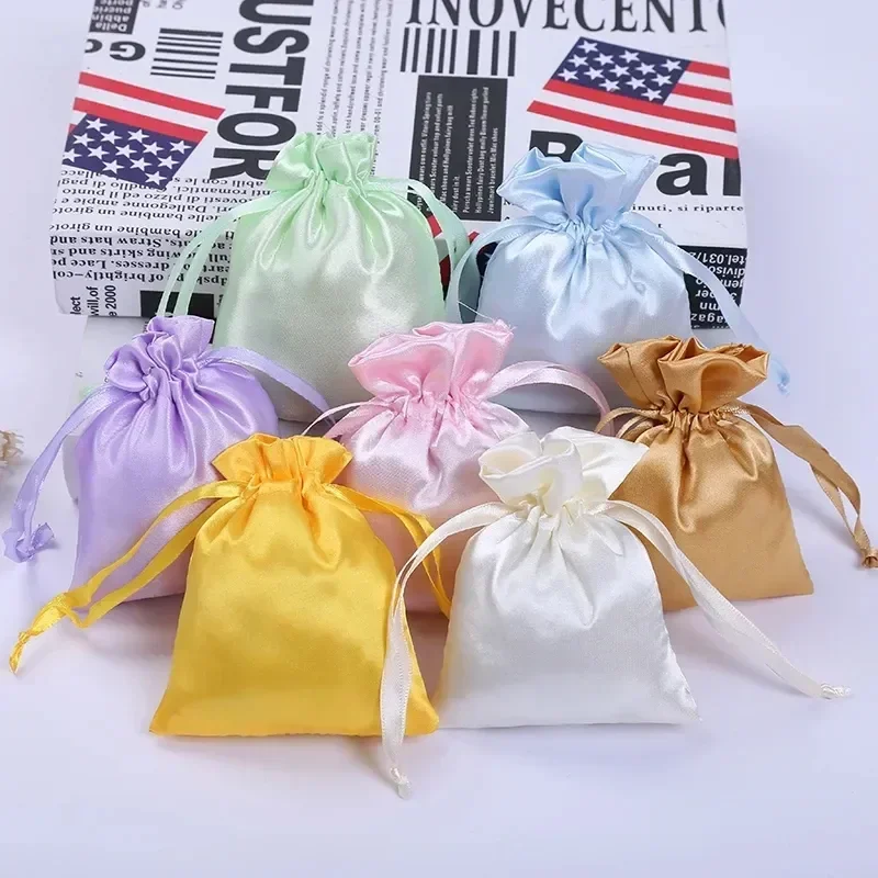 

New 50pcs/Lot 8x10cm/10x15cm White Satin Pouch Drawstring Bags Candy/Jewelry/Necklace/Rings/Beads Packaging Silk Cloth Bags