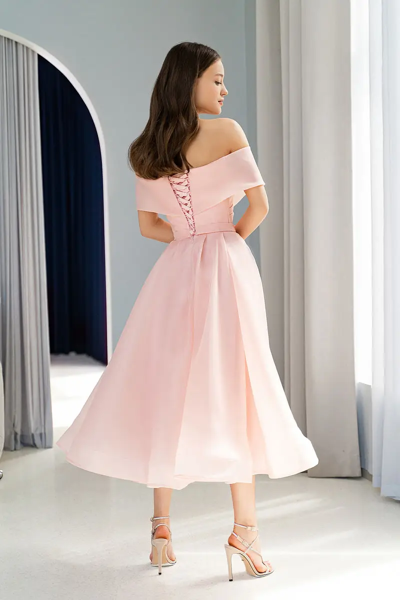 Off Shoulder Sweetheart Cross-surplice Neck A Line Prom Dresses Lace Up Backless Tea Length Short Sleeve Formal Evening Dress