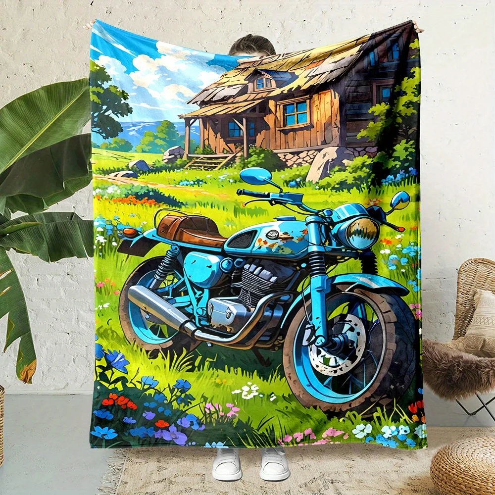 Anime Style Blue Vintage Motorbike Wooden Cabin Meadow Pattern Flannel Fleece Blanket Warm Plush Bed Throw for Living Room