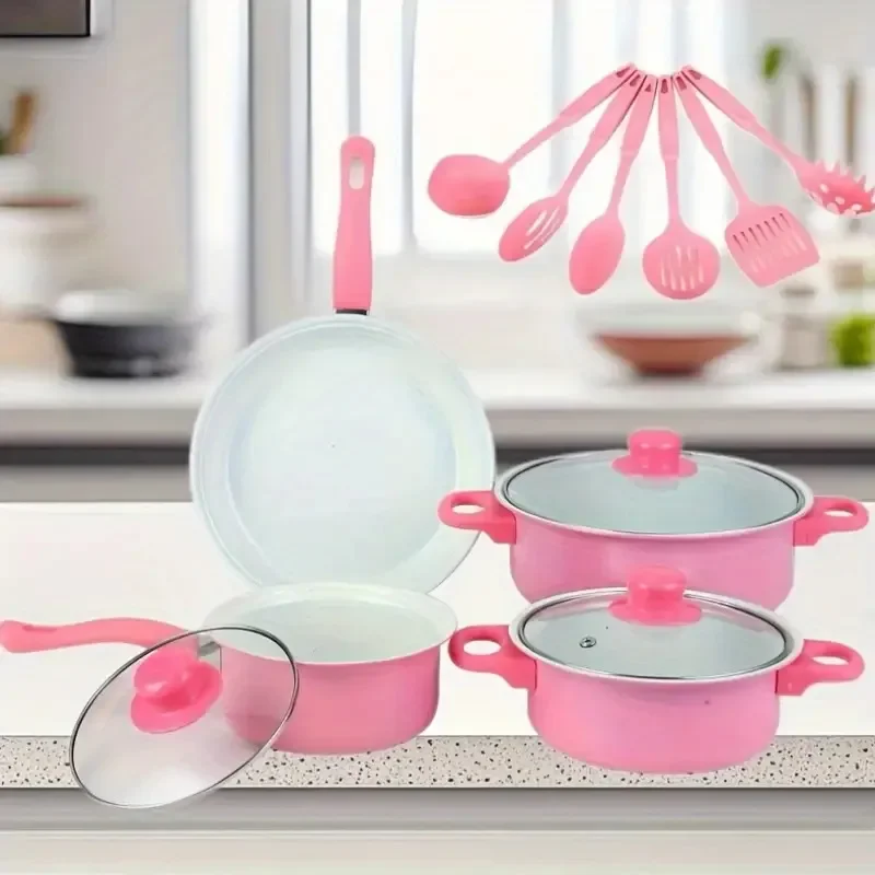 13PCS Heavy-Duty Cast Iron Cookware Set with Glass Lids And Utensils Multi-Stove Compatible Stylish Kitchenware