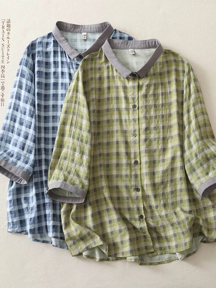 

Художественный контрастный цветной клетчатый хлопковый льняной повседневный женский летний легкий дышащий топ свободного покроя на пуговицах