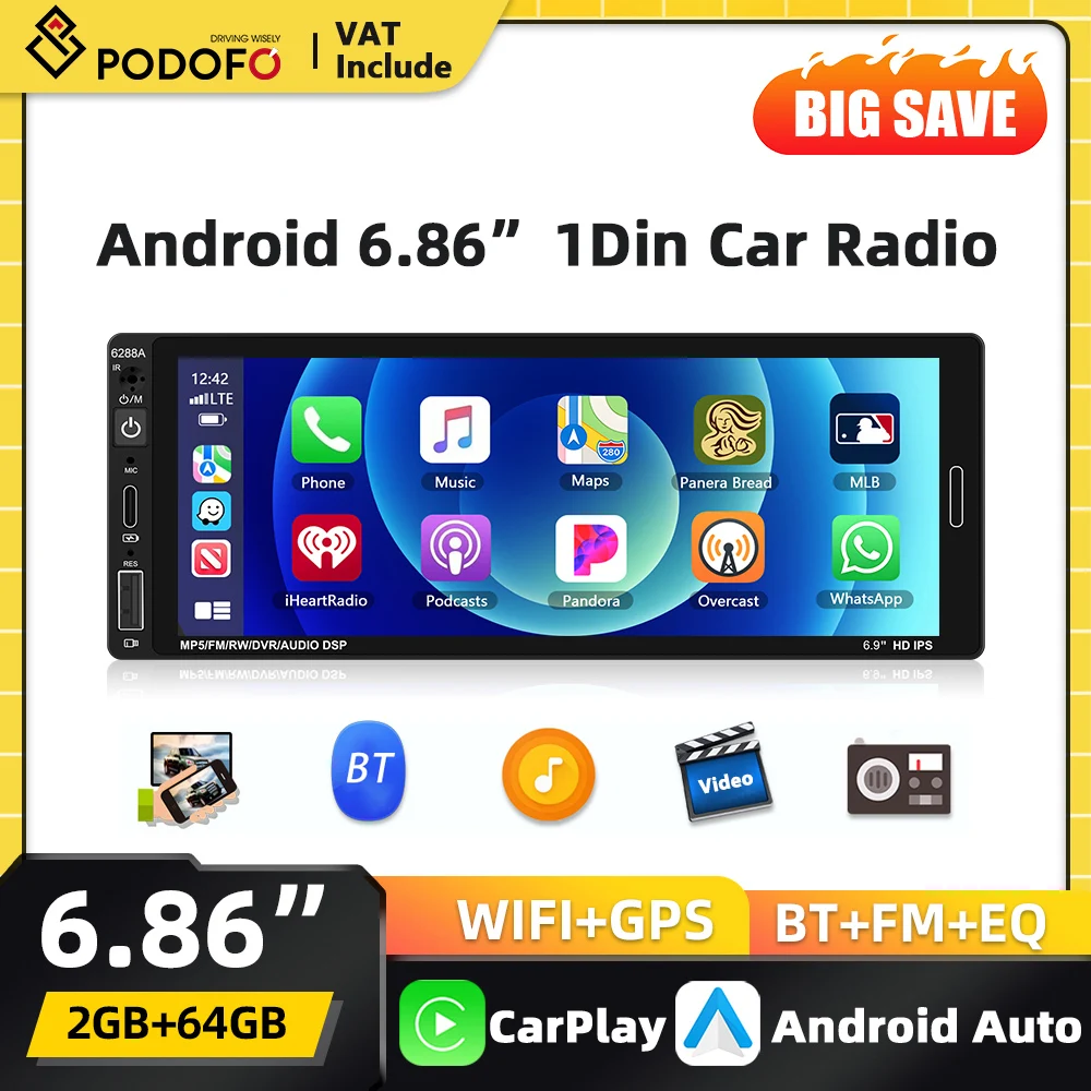 Podofo 2+64G Android 1 Din Autoradio mit Carplay, Android Auto, Bluetooth, WLAN, GPS, Multimedia-Videoplayer und FM-Empfänger