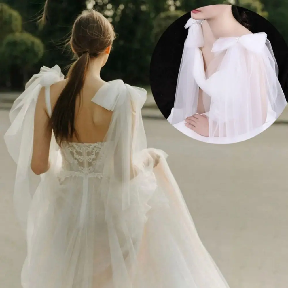 1Pair Pleated Tulle Bride Wedding Dress Shawl Pearl Shiny Bow Transparent Shawl Wedding Accessories Gold Gauze