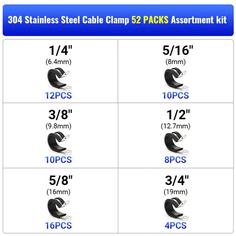 R-Type Cable Clamp Set(52-Pieces), Includes Cushioning Pads,For Securely For Securing Cables In Conduits