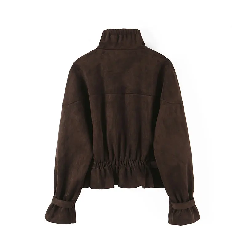 Nlzgmsj 2026 Autumn Fashion Women Faux Suede Short Jacket Ruffle High Neck Drawstring Waist Loose Long Sleeve Casual Streetwear