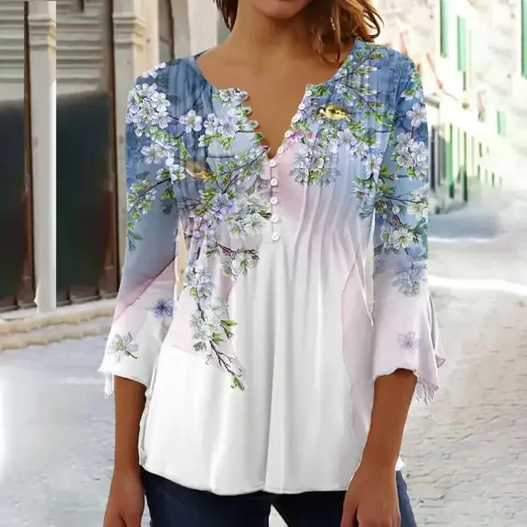 Women's Shirt Blouse Light Blue White Pink Floral Button Print 3/4 Length Sleeve Casual Holiday Basic V Neck Regular Floral