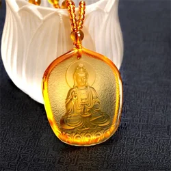 Chinese Hand Carved Buddha GuanYin Yellow Crystal Lucky Pendant Tibetan Buddhism Religion Amulet Necklaces Trendy Gift Jewelry