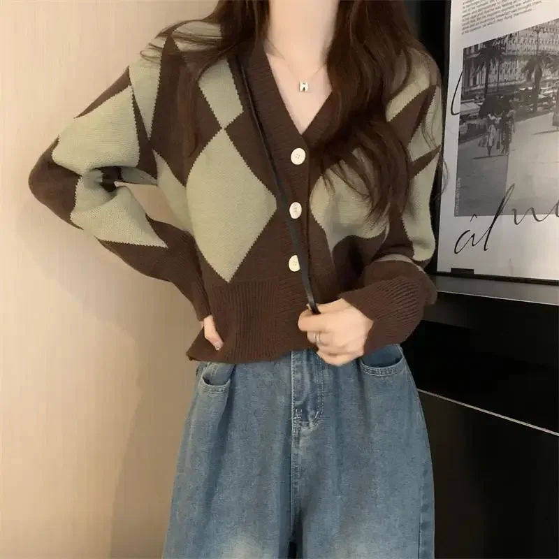 Graphic Grey Cardigan Knitted Top for Women V-neck Winter Button Ladies Sweaters Plaid Clothes Thermal Blouse Long Sleeve New In