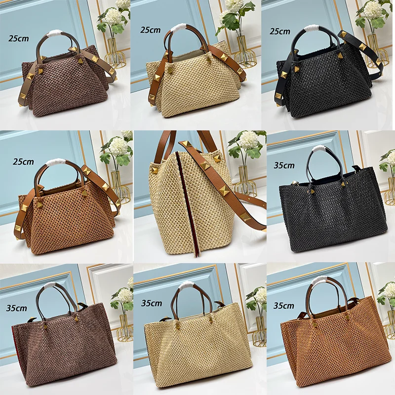 2024 New Spring/Summer Tote Bag High Quality Natural Grass Woven Foreskin Leather Handle Shoulder Strap Handheld Shoulder Bag