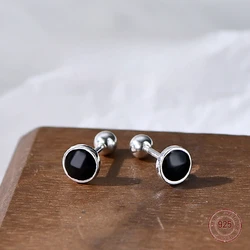 925 Sterling Silver Black Round Circle Stud Earrings Women's 2023 Trending Gothic Korean Ornament Punk Earring Piercing Jewelry