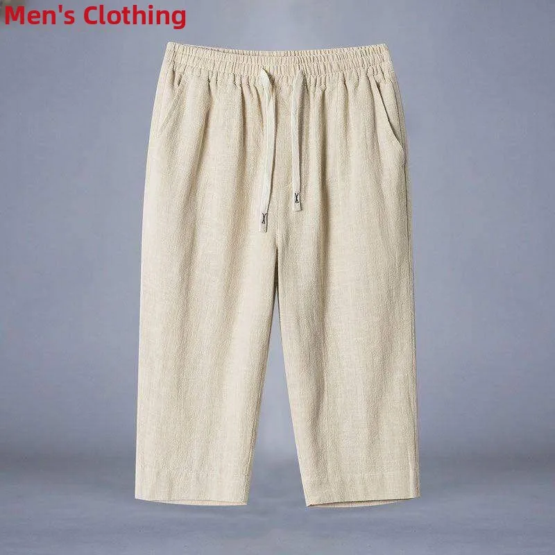 

New Chinese Sle Men's Cotton Linen 7/8 Length Pants Summer Loose Thin Straight Leg orts plus Size Breathable Casual Trousers