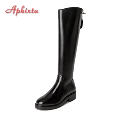 Aphixta inverno caldo lungo stivali alti da donna chiusura in metallo scarpe con cerniera piattaforma 4.5cm tacco quadrato lungo Botas Mujer