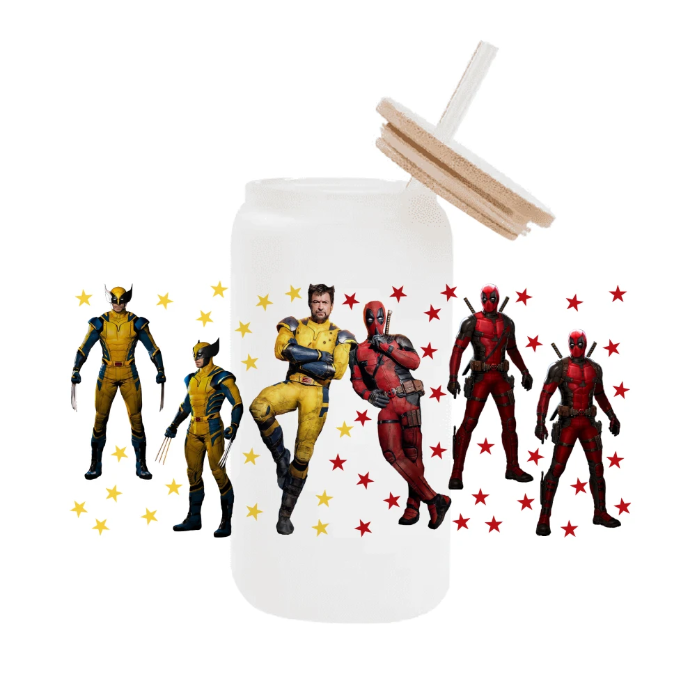 Disney Marvel Deadpool and Wolverine  cartoon For Libbey 16oz Can Glass 3D Waterproof UV DTF Coffee Can Wrap Libbey Glass Wrap