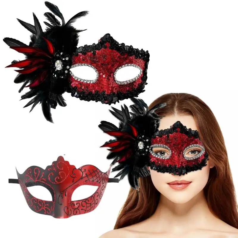 H58E 2 PCs Máscara disfarce penas face máscara face venezians máscara máscara fantasia figurino máscara para
