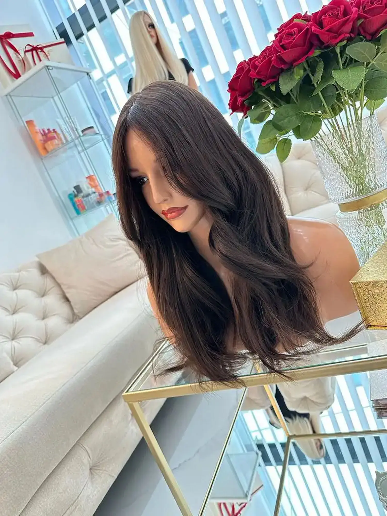 22 Inches Loose Wave Chocolate Brown Synthetic Lace Top Wigs Brunette Free Part Heat Resistant Fiber Wigs High Quality Top Sale