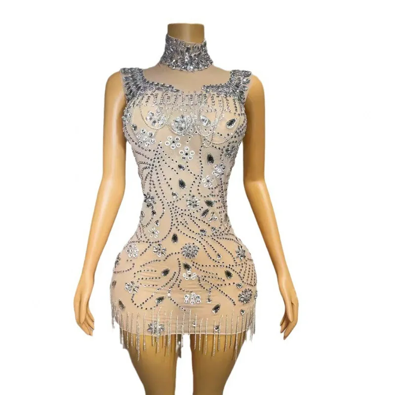 Buttocks Short Skirt Sleeveless Full Diamond Pattern Fringe Perspective Stage Evening Party Dress White Dresses With Rhinestones
