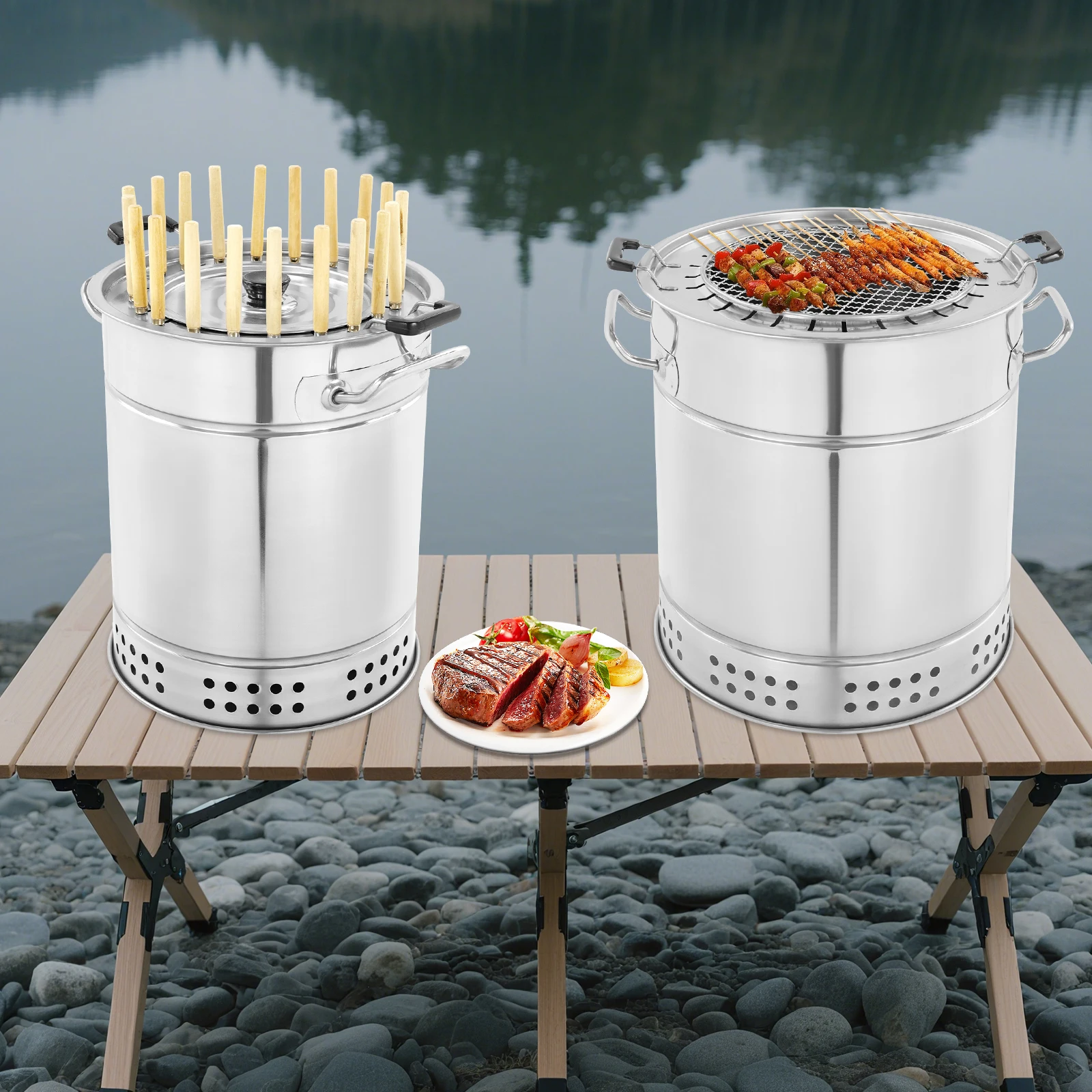 

Stainless Steel Charcoal BBQ Grill with 50 Skewers Barbecue Net for Outdoor Picnic Camping Party Portable Rotating Kebab Maker