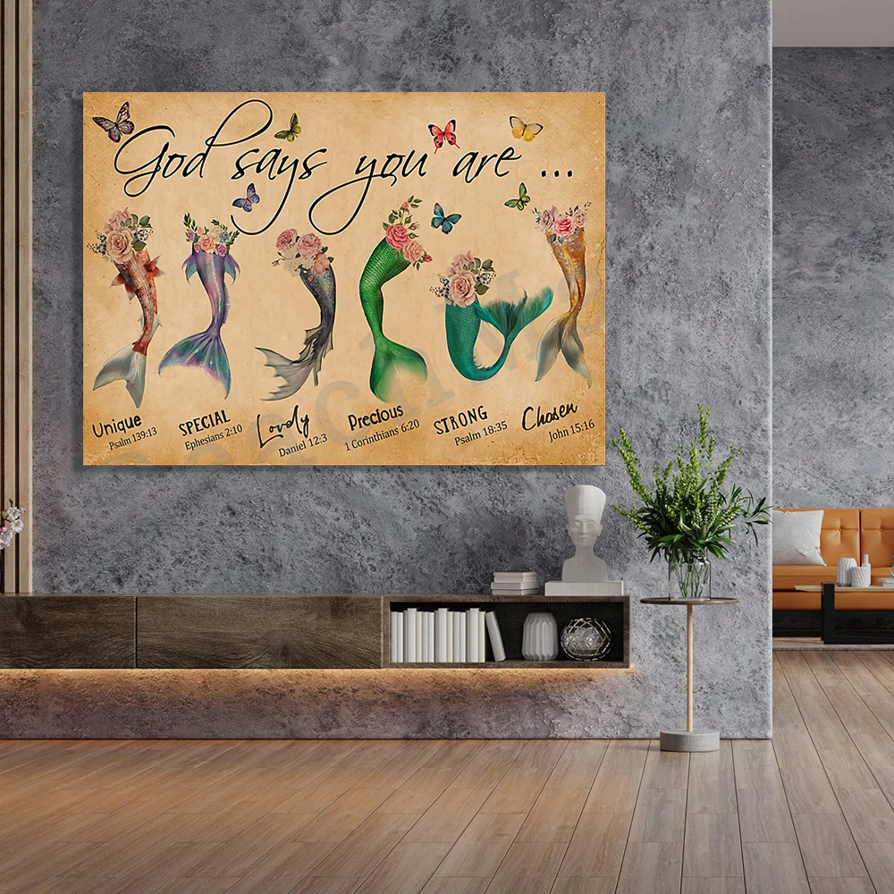 god said you are a flower mermaid poster, mermaid lover, jesus lover, housewarming gift, gift for her