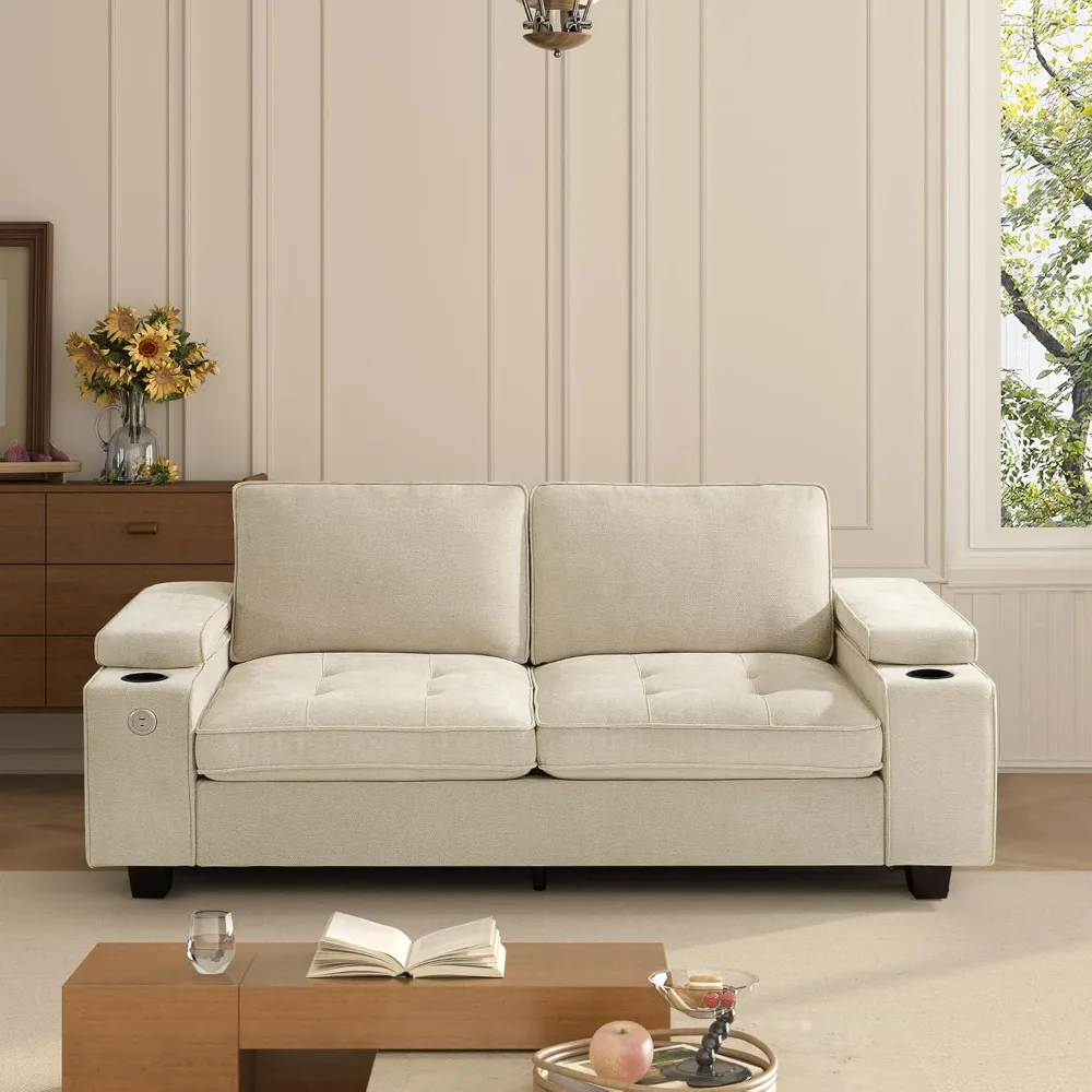 

Modern Chenille Upholstered Loveseat Sofa for Living Room with Adjustable Armrest, Storage, Cup Holders, and USB & Type-C Ports