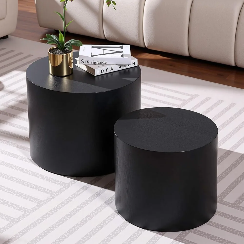 زوج من طاولات القهوة الخشبية المستديرة الحديثة مع قواعد مضادة للانزلاق لمساحات المعيشة المدمجة #5