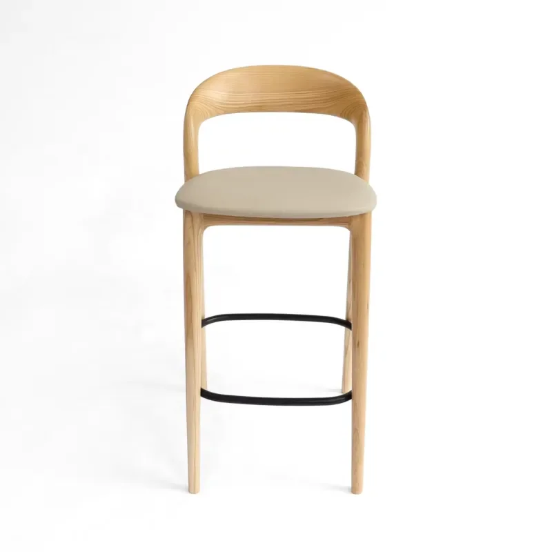 Bend wood bar stools, medieval style bar chairs with curved buck backrests, PU upholstered seats and black metal foot pedals