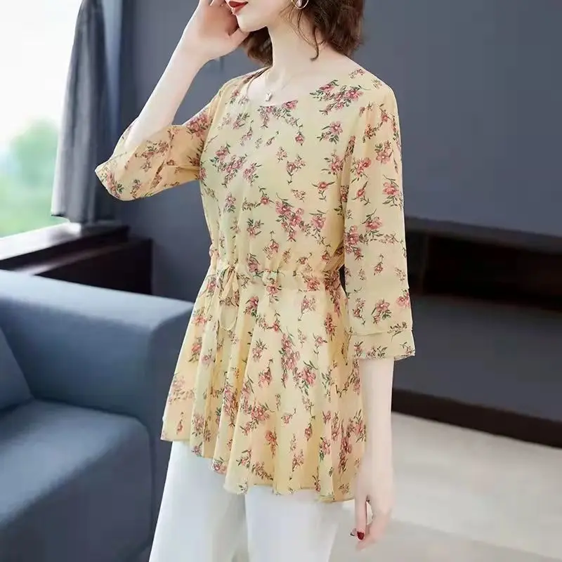 Vintage Elegant Fashion Casual Floral Printing Belt Long Shirt Summer 2023 New O-Neck Half Sleeve Tunic Blouse Women\'s Clothing