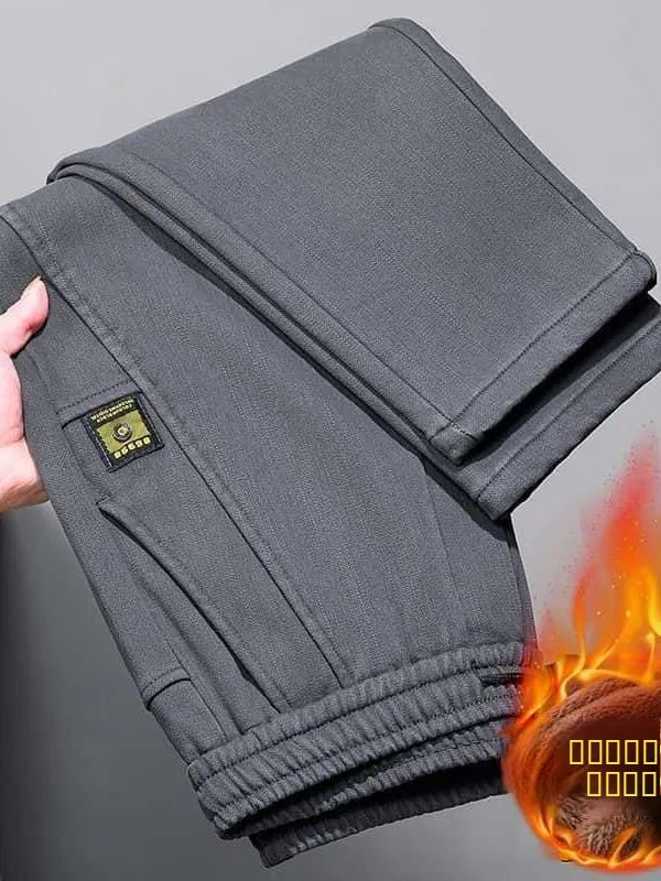 

Men's Fleece Lined Thick Straight Leg Jeans Casual Work Trousers Autumn Winter Business Slim Fit Warm Wear Resistant Duty Pants