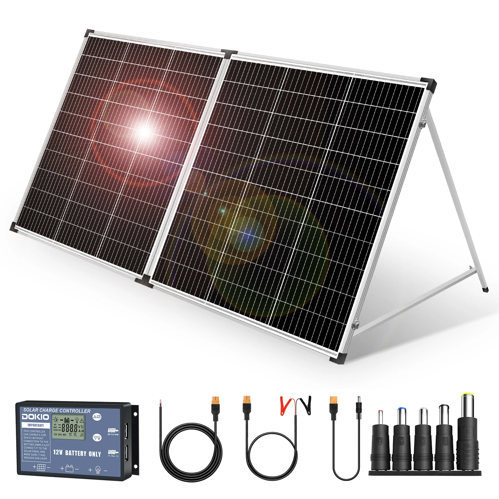 DOKIO 200W 18V Glazen Opvouwbaar Monokristallijn Waterdicht Zonnepaneel met 12V Controller Kit uit China, Gemakkelijk te Transporteren # FSP-200M