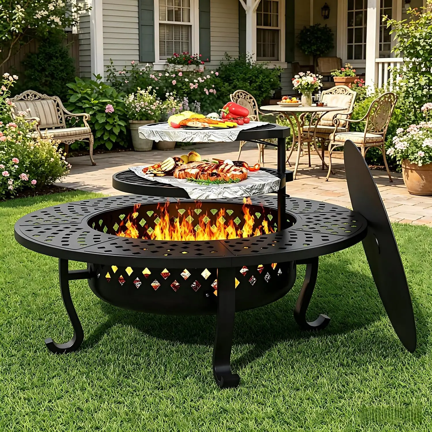 48 Inch Fire Pit with 2 Grill & Lid for Outside
