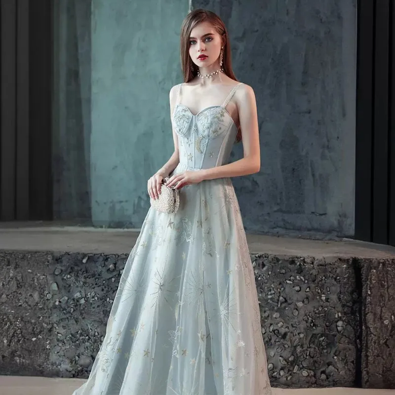 2025 New Banquet Style Strap Embroidered Dress Fashionable Slimming Celebrity Bridesmaid Dress Long Slimming One Shoulder Dress