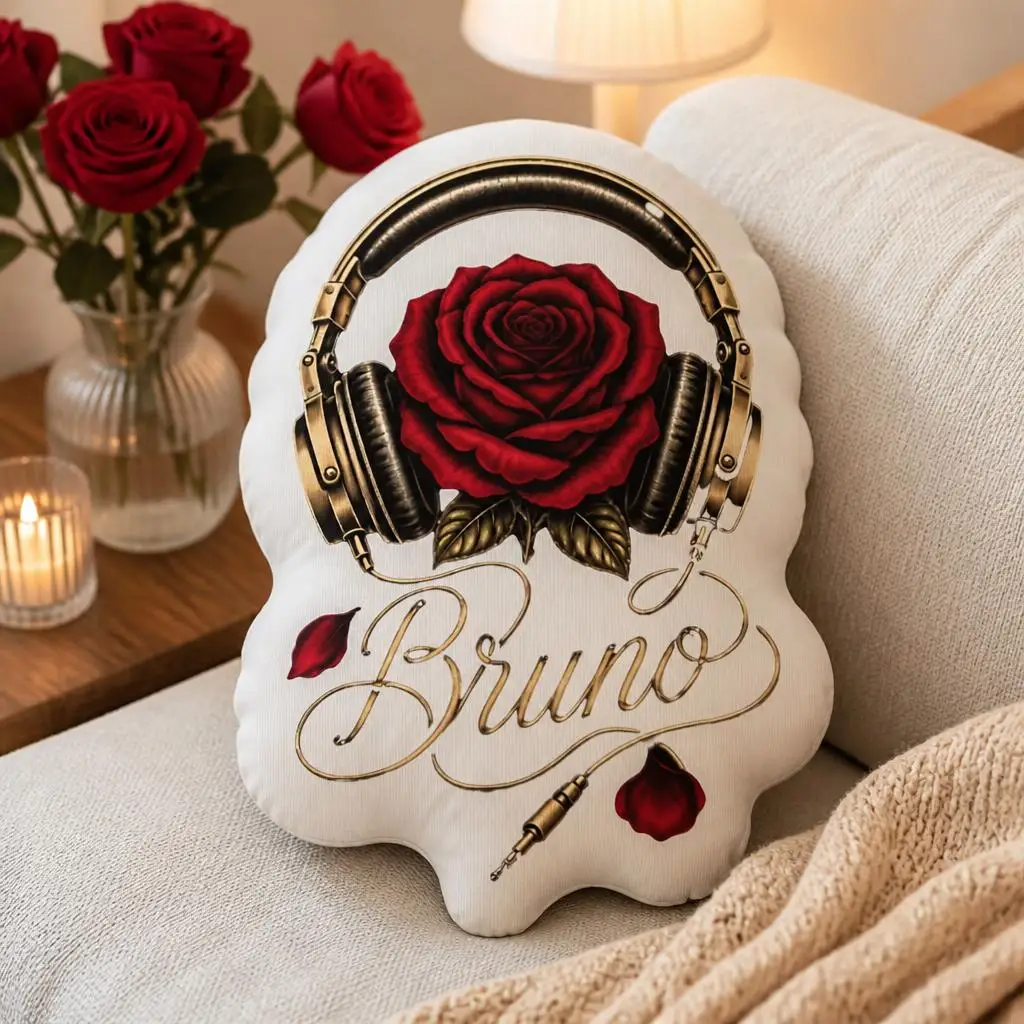 Bruno Rose Headphones Shaped Pillow Romantic Music Fan Cushion Stuffed Throw Pillow Valentine Gift for Sofa Bedroom Decor
