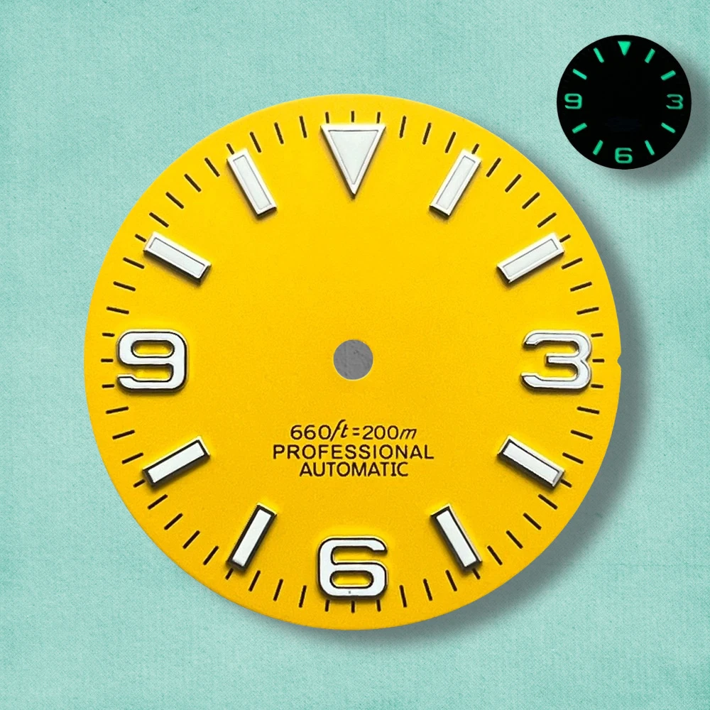 28.5mm S Logo Ex plorer Sunray Dial Fit NH35/NH36/4R/7S Movement Green Luminous Watch Modification Accessories 3/3.8/4O'clock