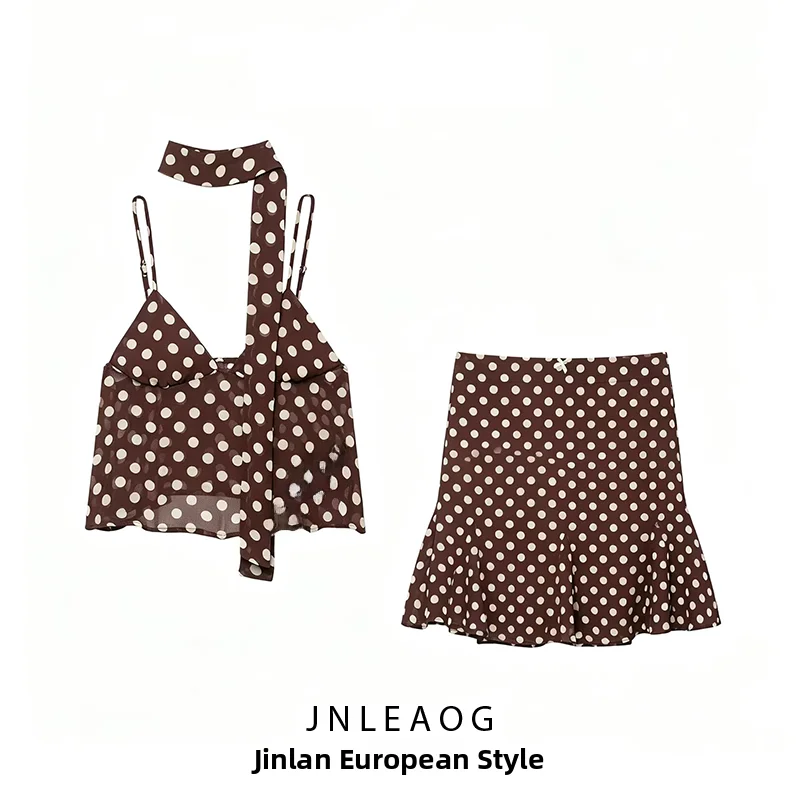 

JNLEAOG Summer New Polka Dot Belted Fish Tail Halter Top Skirt Set Women's Fashion Ensemble Polyester Fiber Regular Length