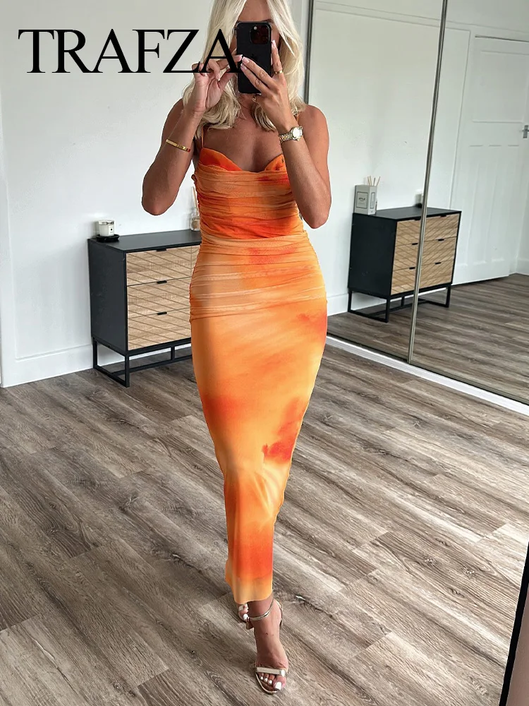 TRAFZA Summer Woman Tie-dye Gradient Sleeveless Dress Fashion Beach Style Orange Printed Backless Sexy Slim Dresses Mujer Traf