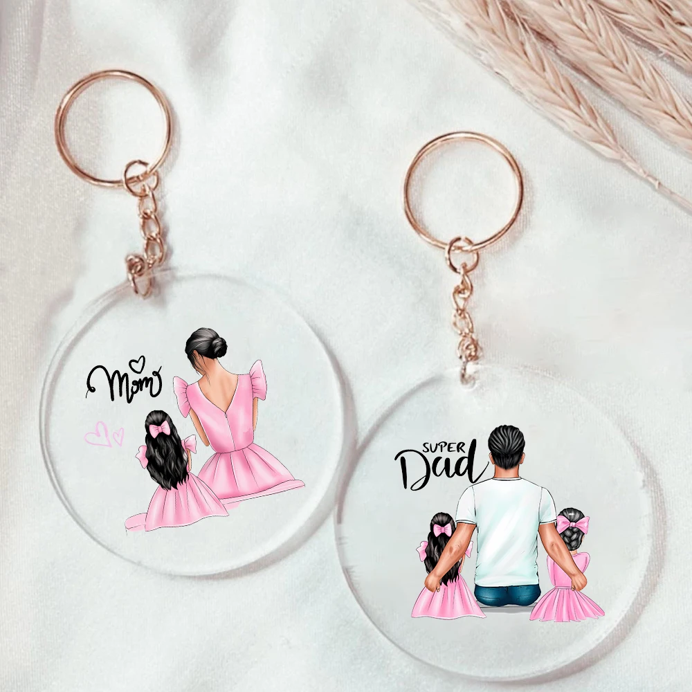 Super Mom & Dad Print Keychain Transparent Circle Keyring Acrylic Key Ring Fashion Key Chain Festive Birthday Gift for Mom Dad