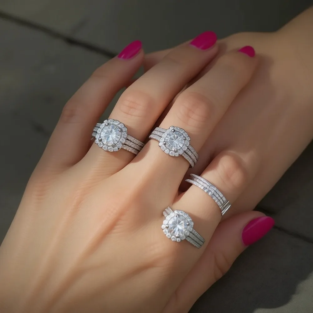 

Кольцо из стерлингового серебра с полным покрытием из круглых фианитов, многослойное, для годовщины, помолвки, коктейльное, обручальное, вечное