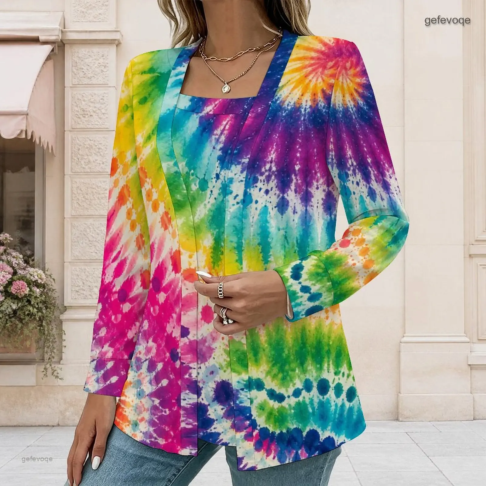 Women Top Set with Print Square Neck Inner Top Long Sleeve Open Front Outer Top Two Piece