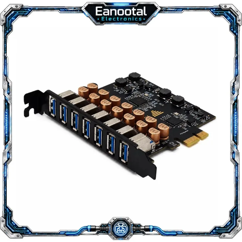 PCIe X1 to 7 Port USB 3.0 Expansion Card 10A Total Board Power USB-A Adapter No External Power for Desktop PC Computer