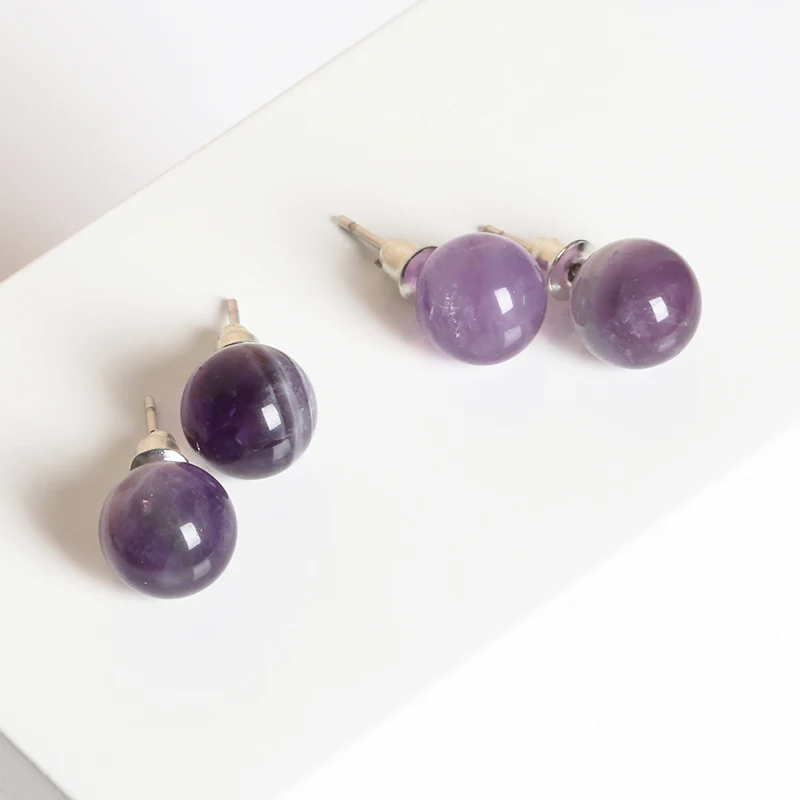 Natural Stone Agate Quartz Lapis Lazuli Tiger Eye Round Bead Stud Earrings Women Fashion Stainless Earrings Healing Jewelry Gift