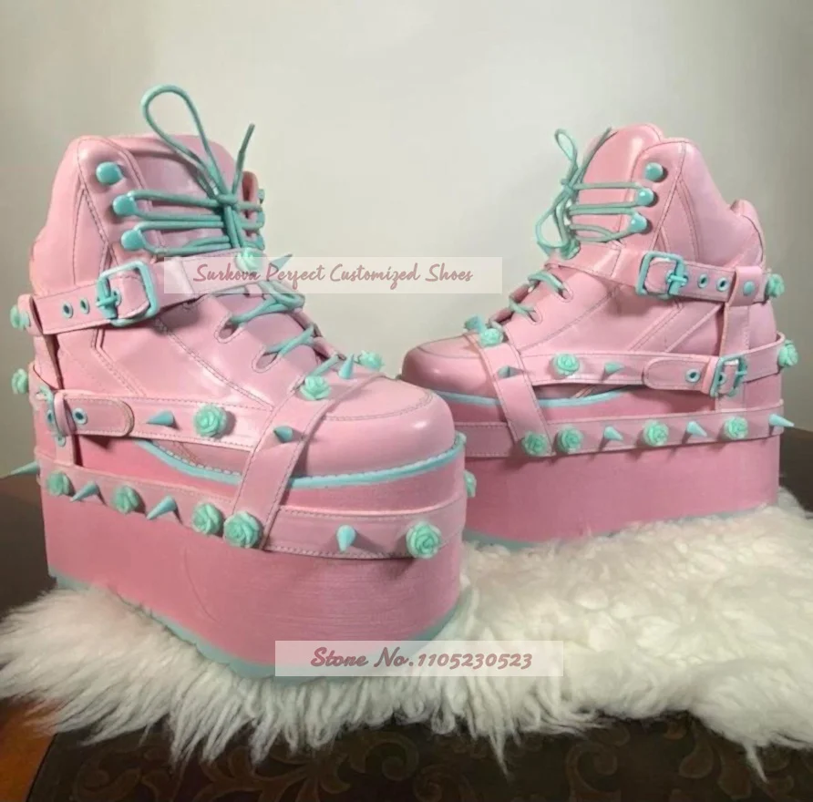 Women Pastel Goth Platform Ankle Boots Pink Mint Rose Spike Decor High Top Wedge Sneakers Sweet Cosplay Party Punk Style Shoes