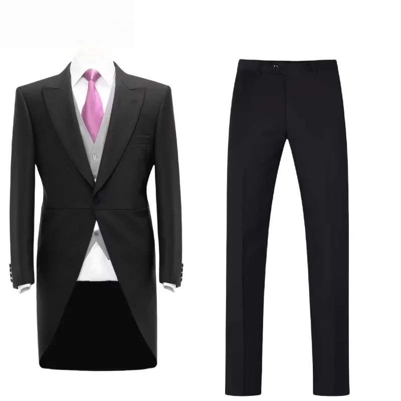 

"Elegant Black Men's Tailcoat 3-Piece Suit | Peak Lapel Tuxedo Jacket + Waistcoat & Trousers | Wedding Groom Formalwear |