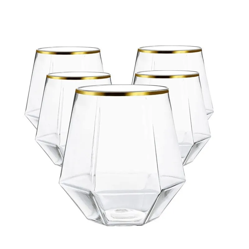 5Pcs 12oz Electroplated Color Diamond Shaped Plastic Whiskey Cup Gold Rim Cocktail Milk Tea Drinking Glass Bar Beverage Tumbler