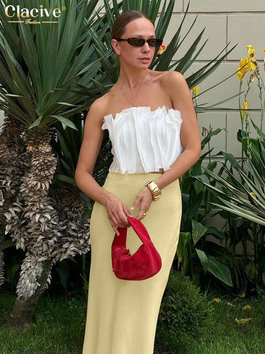 Clacive Elegant Yellow Satin Womne's Skirt 2025 Casual Loose High Waist Maxi Skirts Fashion Simple Skirt Female Clothing