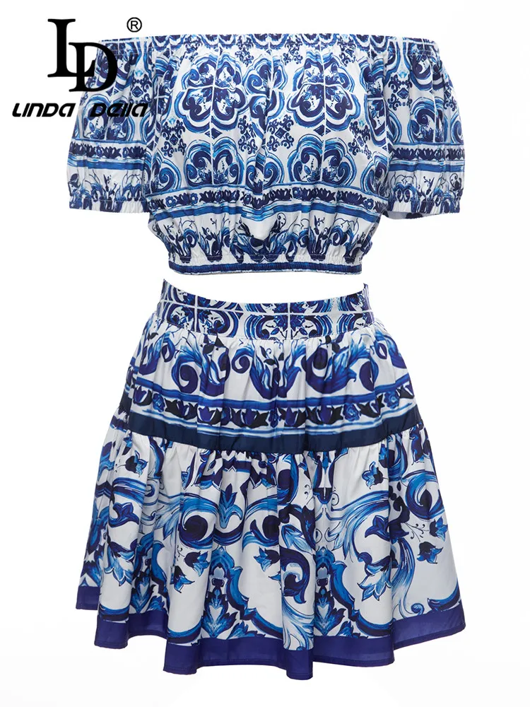 LD LINDA DELLA 2023 Summer Fashion Designer Elegant Party Set Women\'s Blue And White Print Top +Crumple kilt 2 Pieces Set