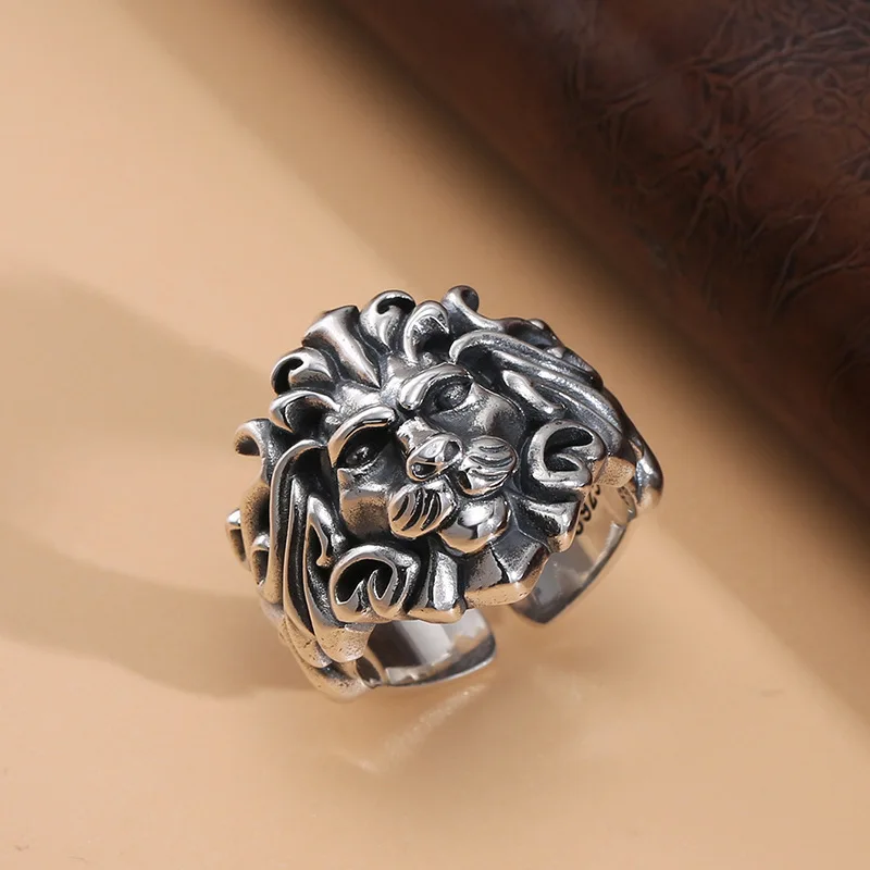 S925 sterling silver domineering Lion Men's hip hop ring open end creative niche index finger ring national style ornament