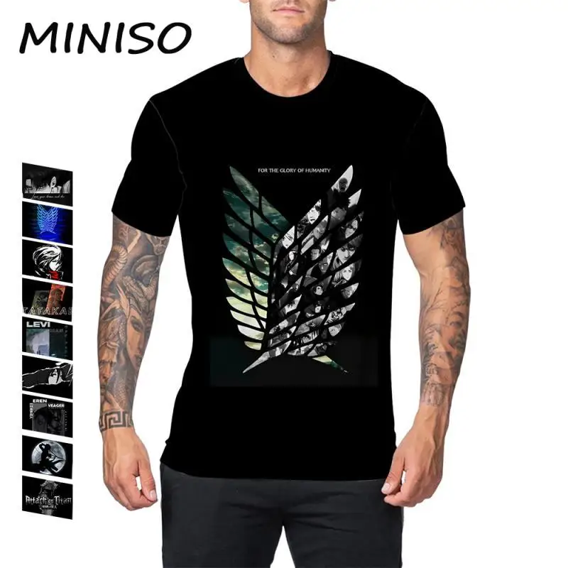 MINISO Attack On Titan Cosplay T-Shirts for Men Levi Ackerman Graphic Costume Tops Mikasa Eren Jaeger Novelty Tee Male Clothes